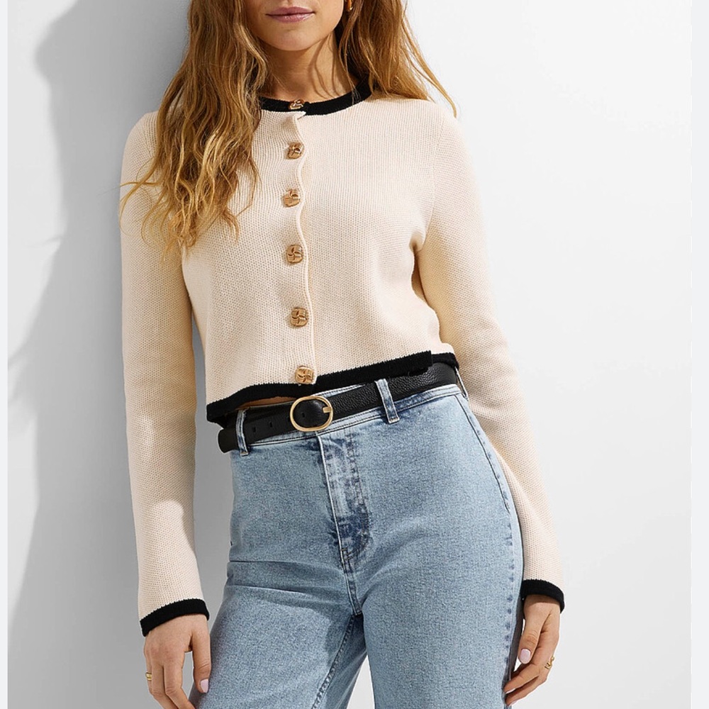 Cream and Black Knit Cardigan with Textured Gold Buttons